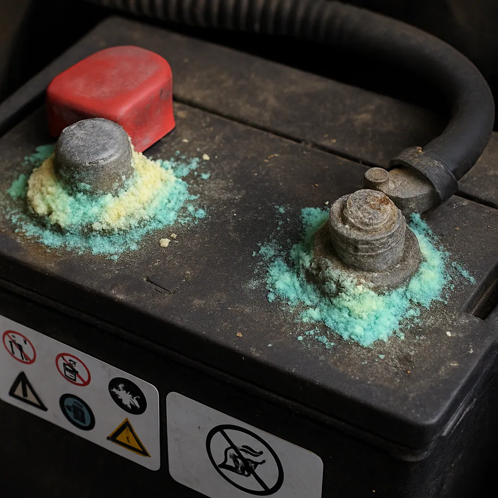 Car battery with visible corrosion on terminals