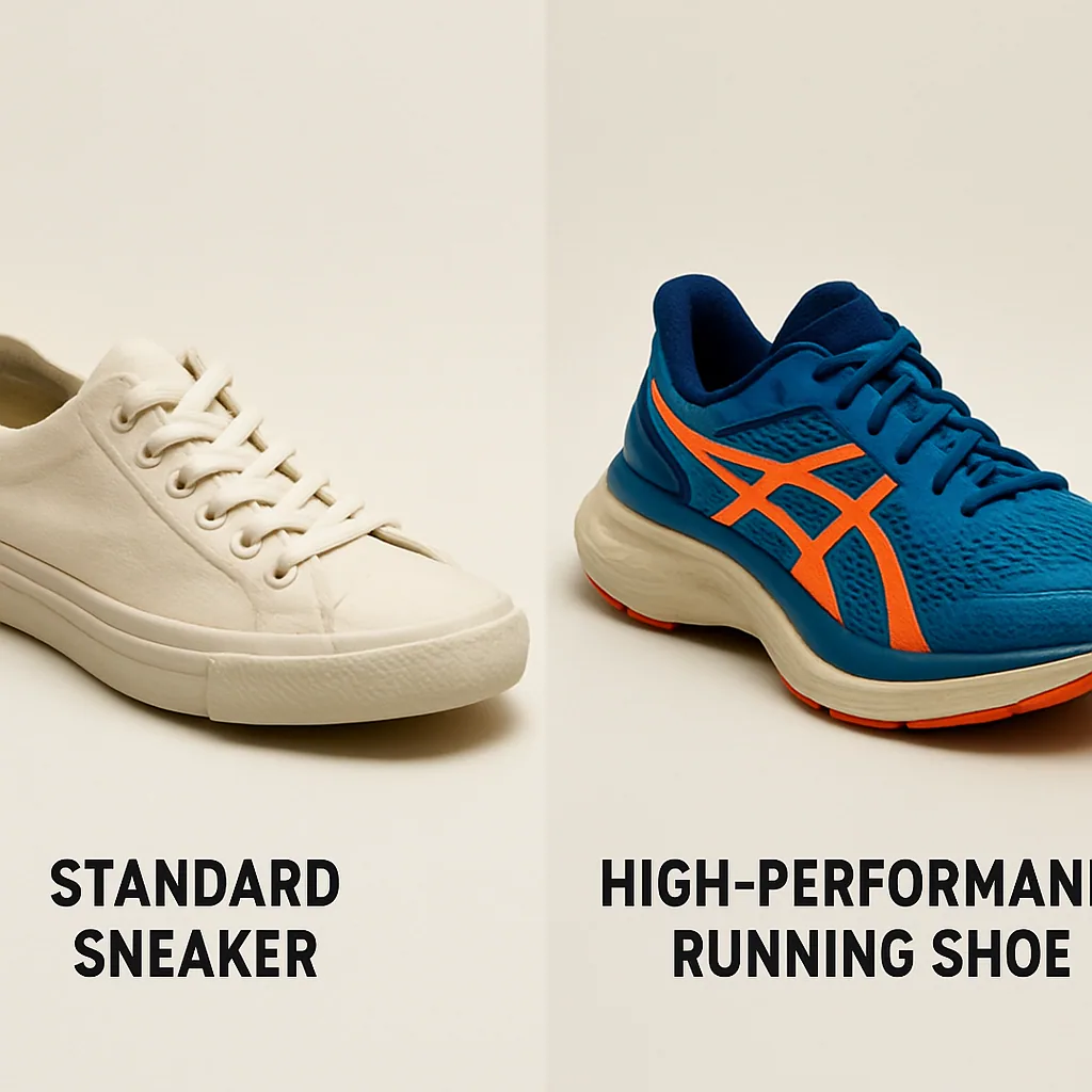 A side-by-side comparison of a standard sneaker and a high-performance running shoe to represent oil types.