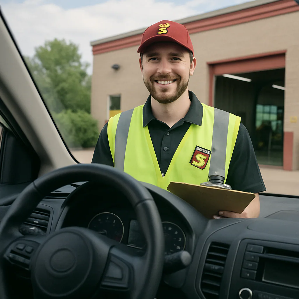 A first-person view from a driver's seat looking out at a Take 5 Oil Change technician in a high-visibility vest smiling and holding a clipboard.