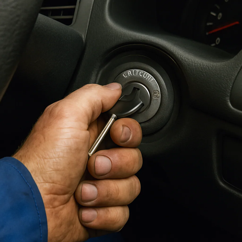 Close up of a mechanic's hand turning a car ignition key in ENGLISH
