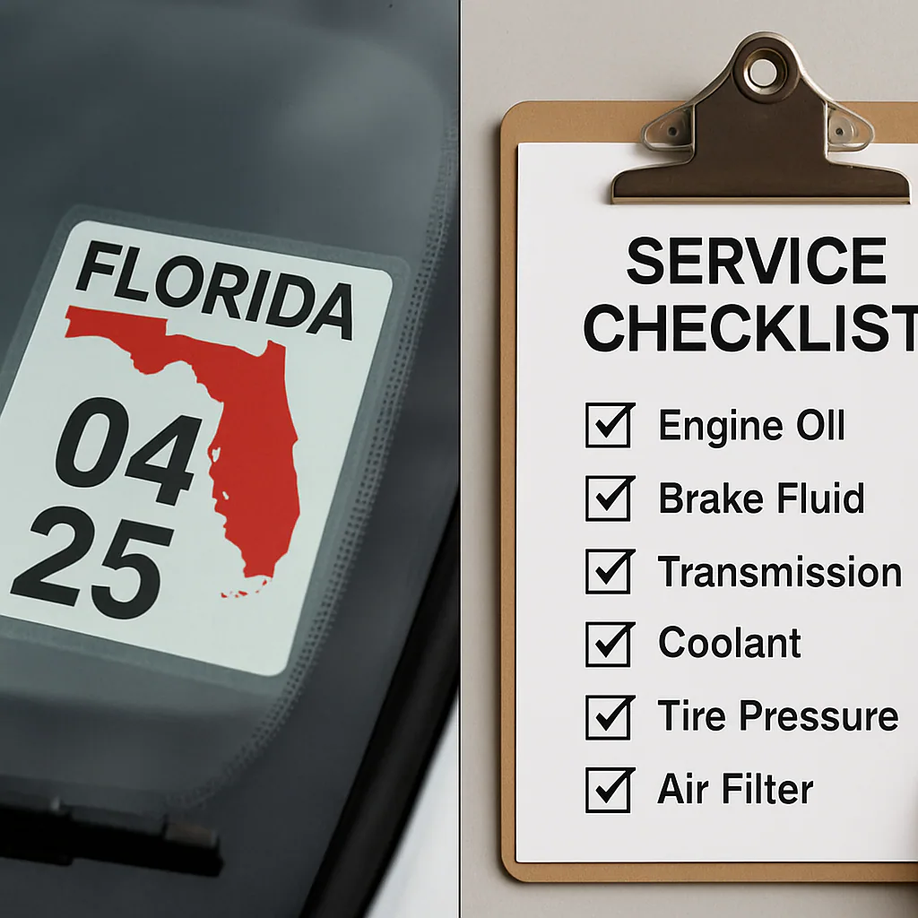 A side-by-side visual showing a 'State Sticker' on a windshield next to a 'Service Checklist' on a clipboard to show the two different types.
