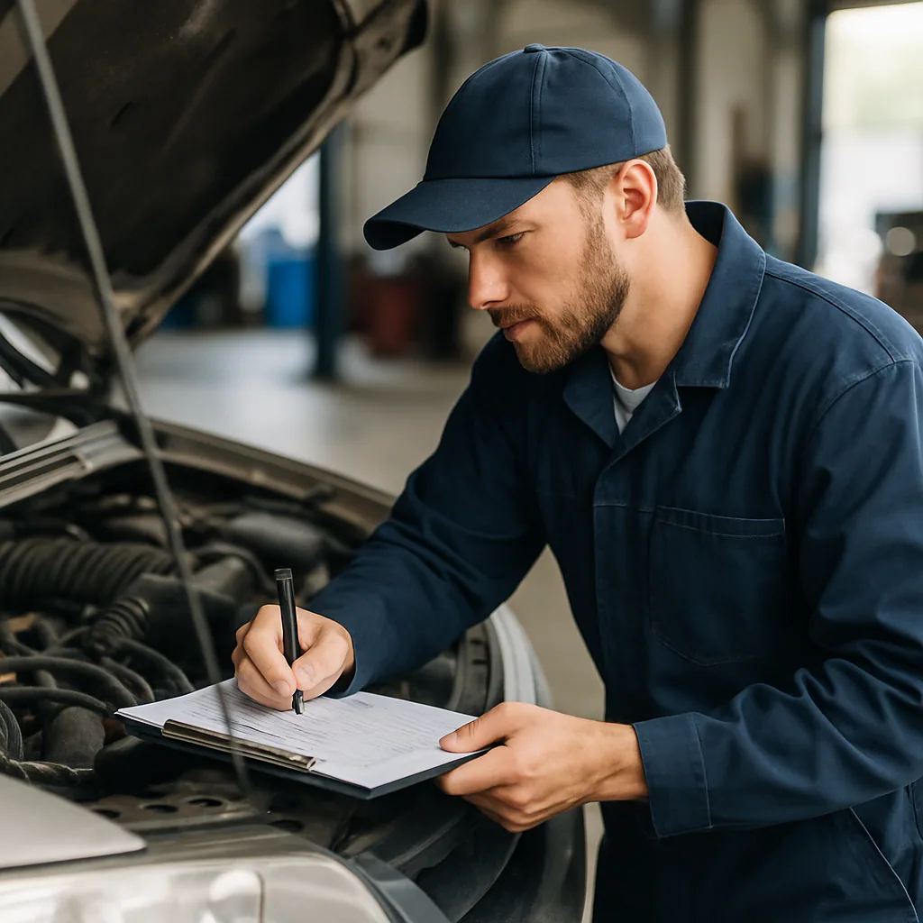 Mechanic performing a vehicle inspection