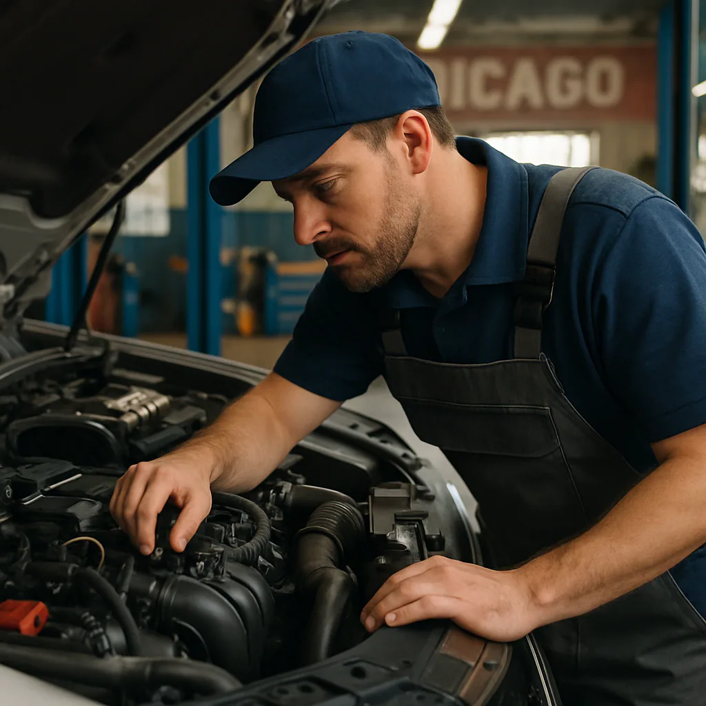 A professional mechanic inspecting a modern car engine block in a Chicago auto repair shop