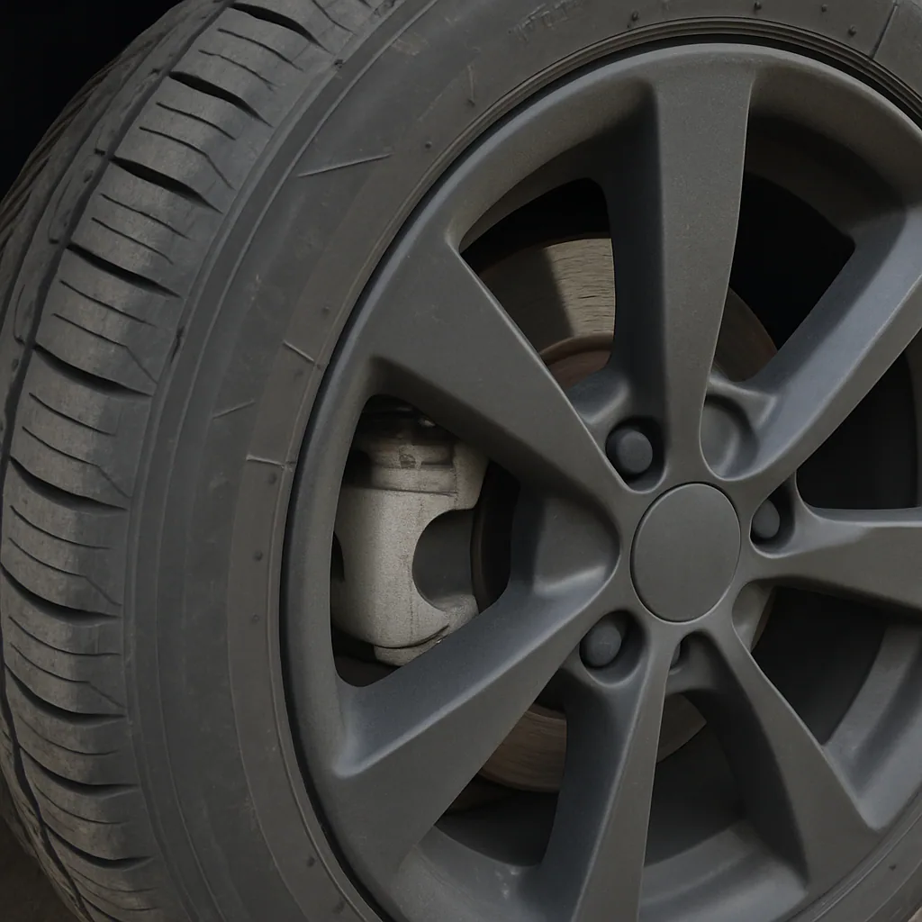 A close-up photo of a car tire with the brake rotor and caliper visible through the spokes.