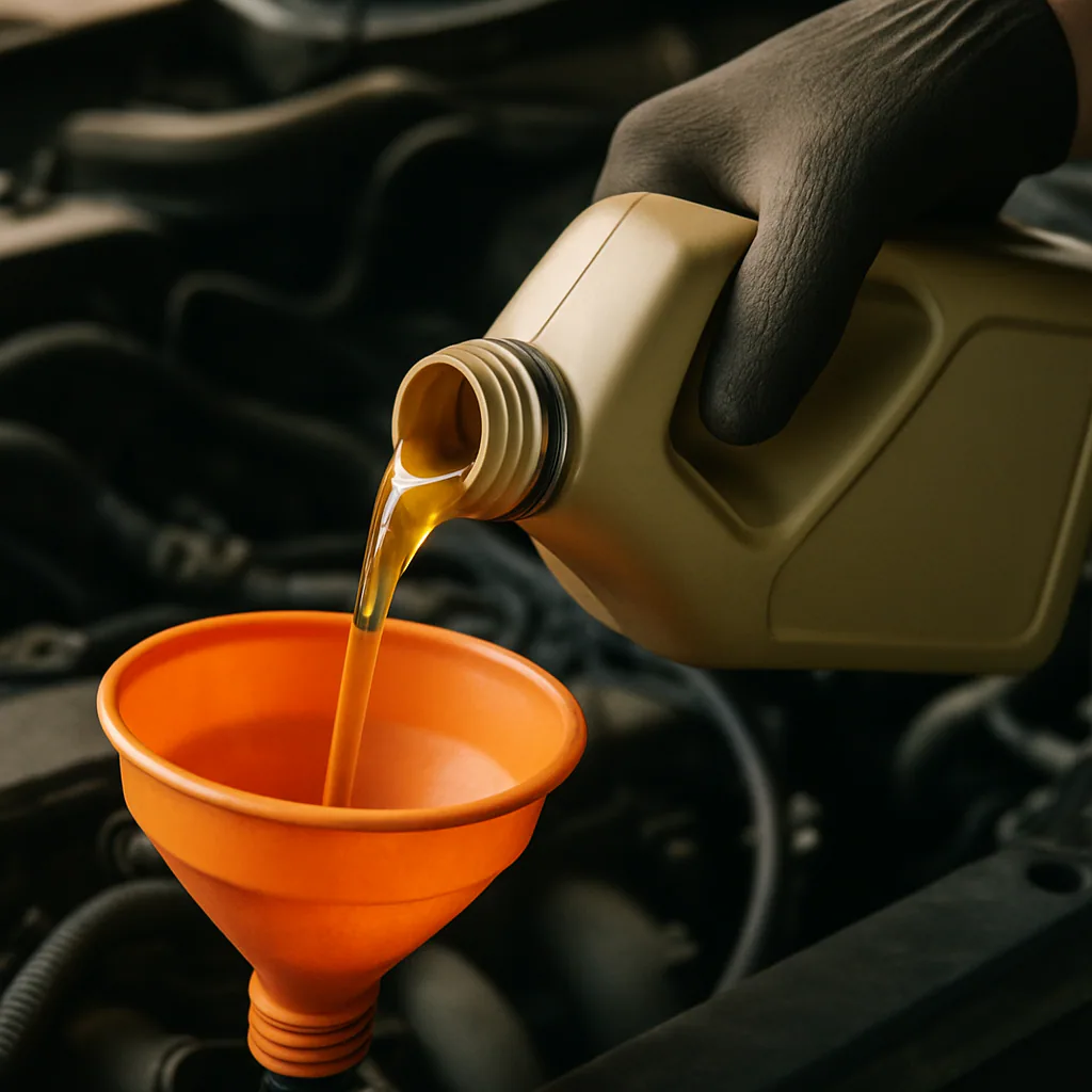 Close up of a mechanic pouring synthetic motor oil into a car engine funnel