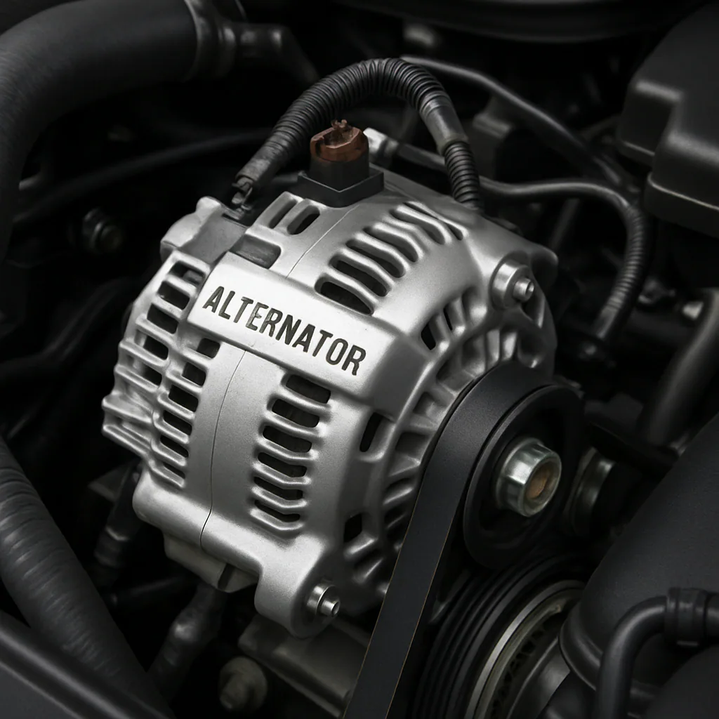 An automotive alternator installed in the engine bay of a modern car in ENGLISH