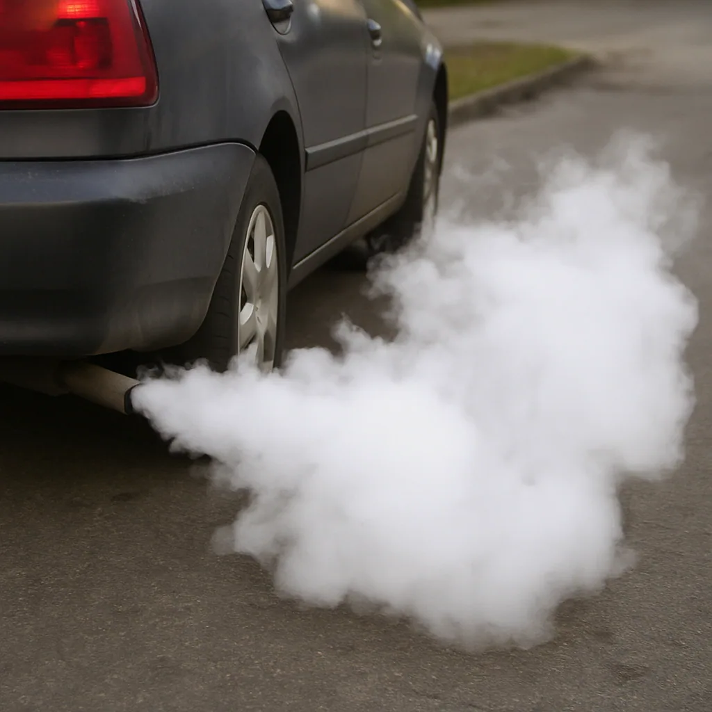 Thick white smoke coming out of a car's exhaust pipe indicating a blown head gasket