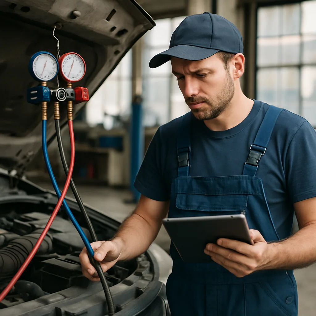 Mechanic diagnosing car AC issues