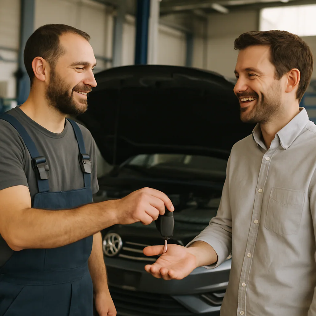 A professional mechanic handing over the car keys to a satisfied customer after a successful repair