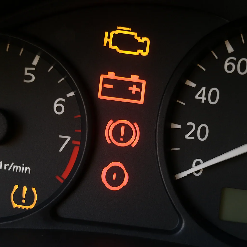 Car dashboard showing warning signs of alternator failure