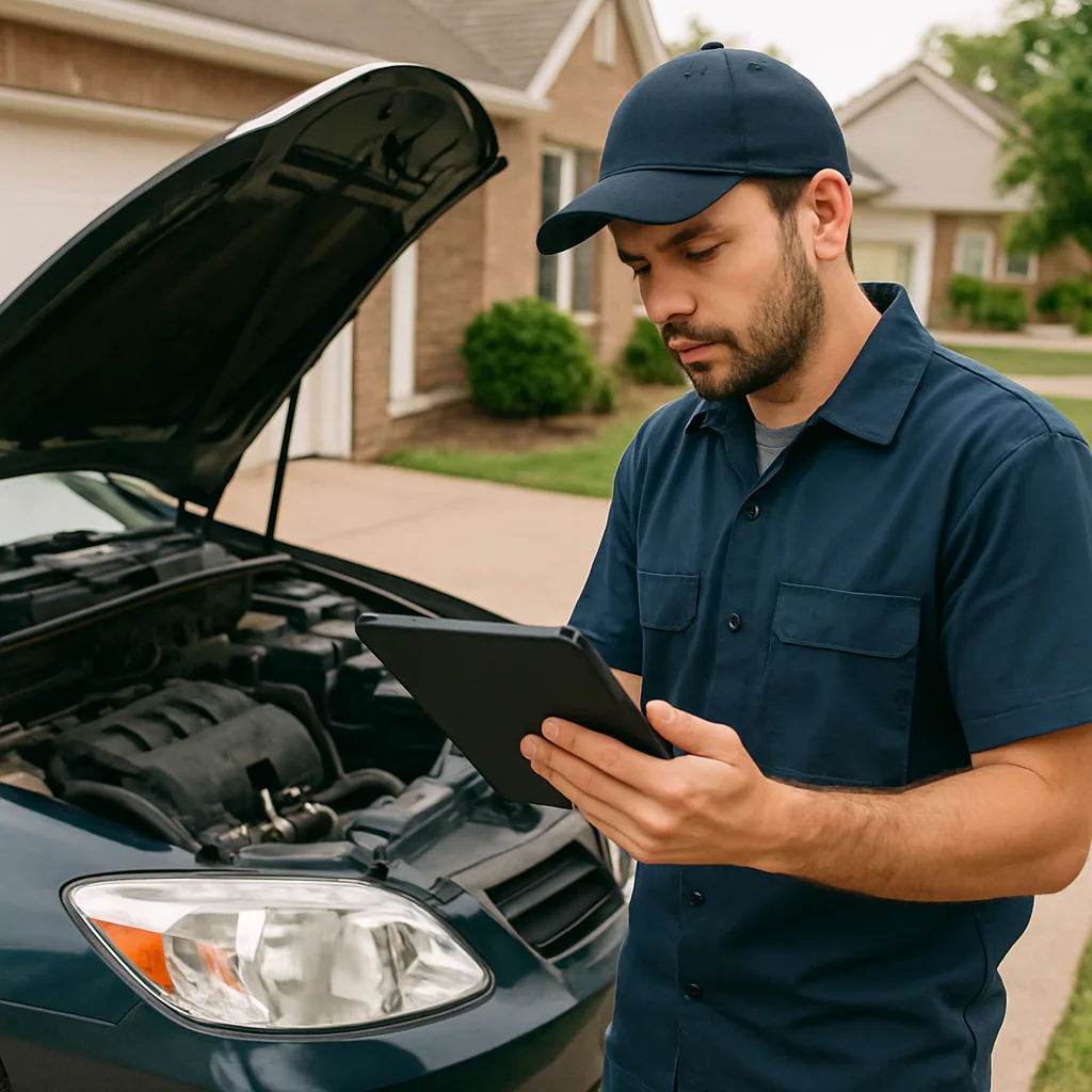 A mobile mechanic with a tablet inspecting a car in a suburban driveway to represent a pre-purchase inspection.