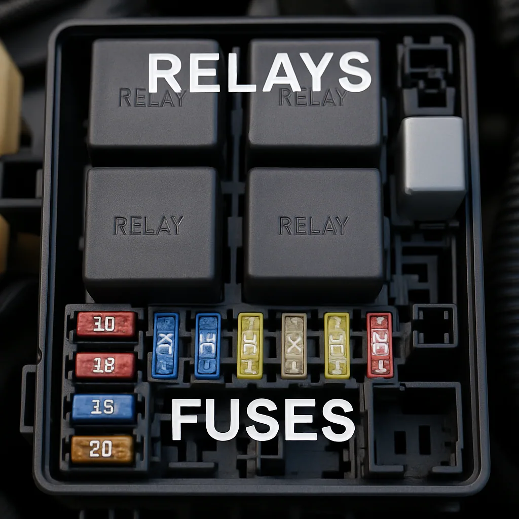 A close up view of a car fuse box highlighting relays and fuses in ENGLISH