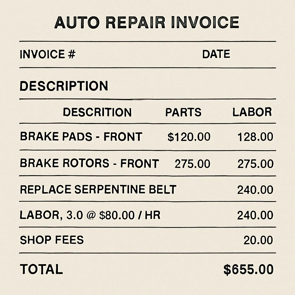 A detailed auto repair invoice showing line item breakdowns for parts, labor, and fees