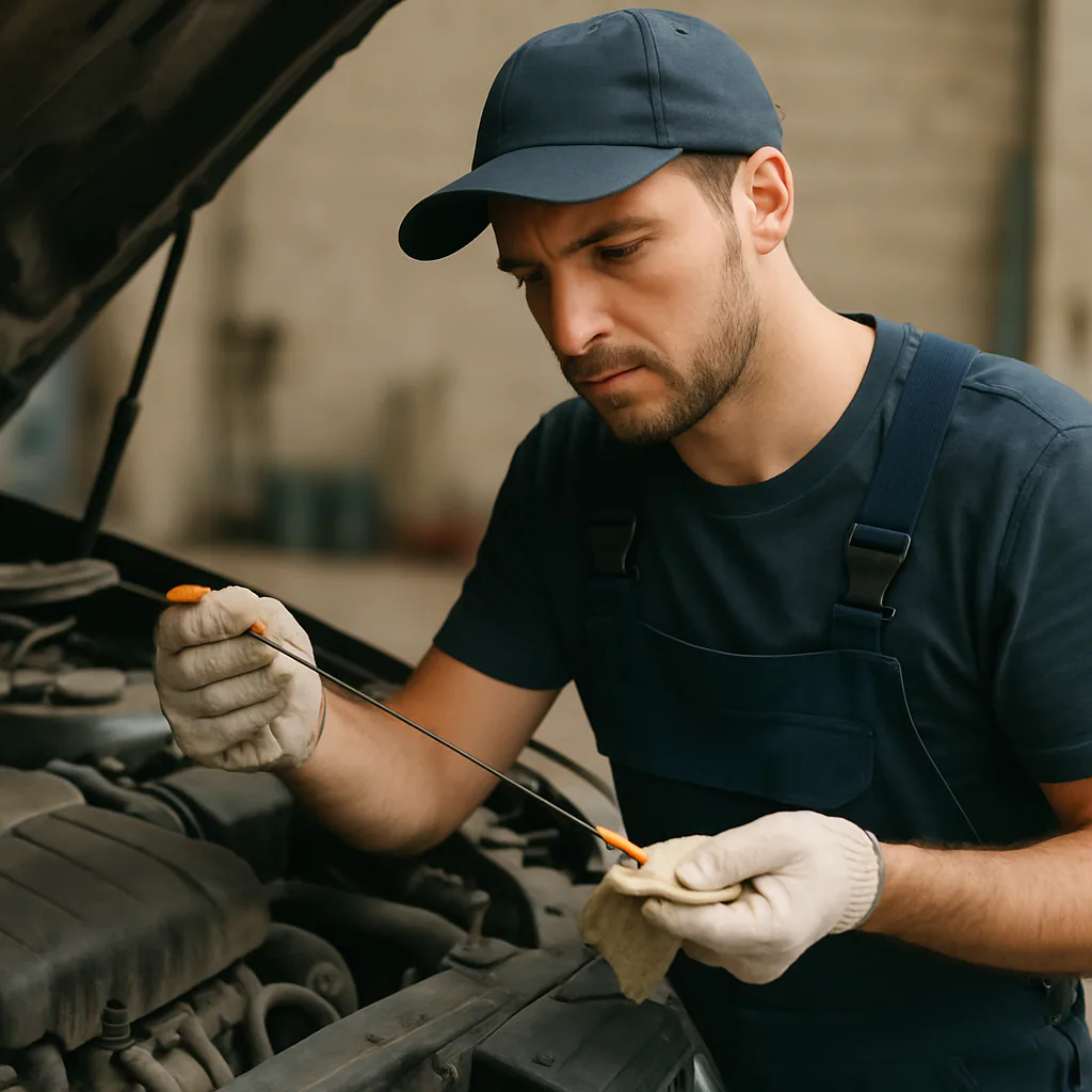 Mechanic checking the engine oil level with a dipstick
