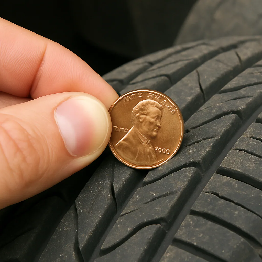 A close-up of a penny being used to check tire tread (the 'Lincoln's head' test) to show a simple DIY check.