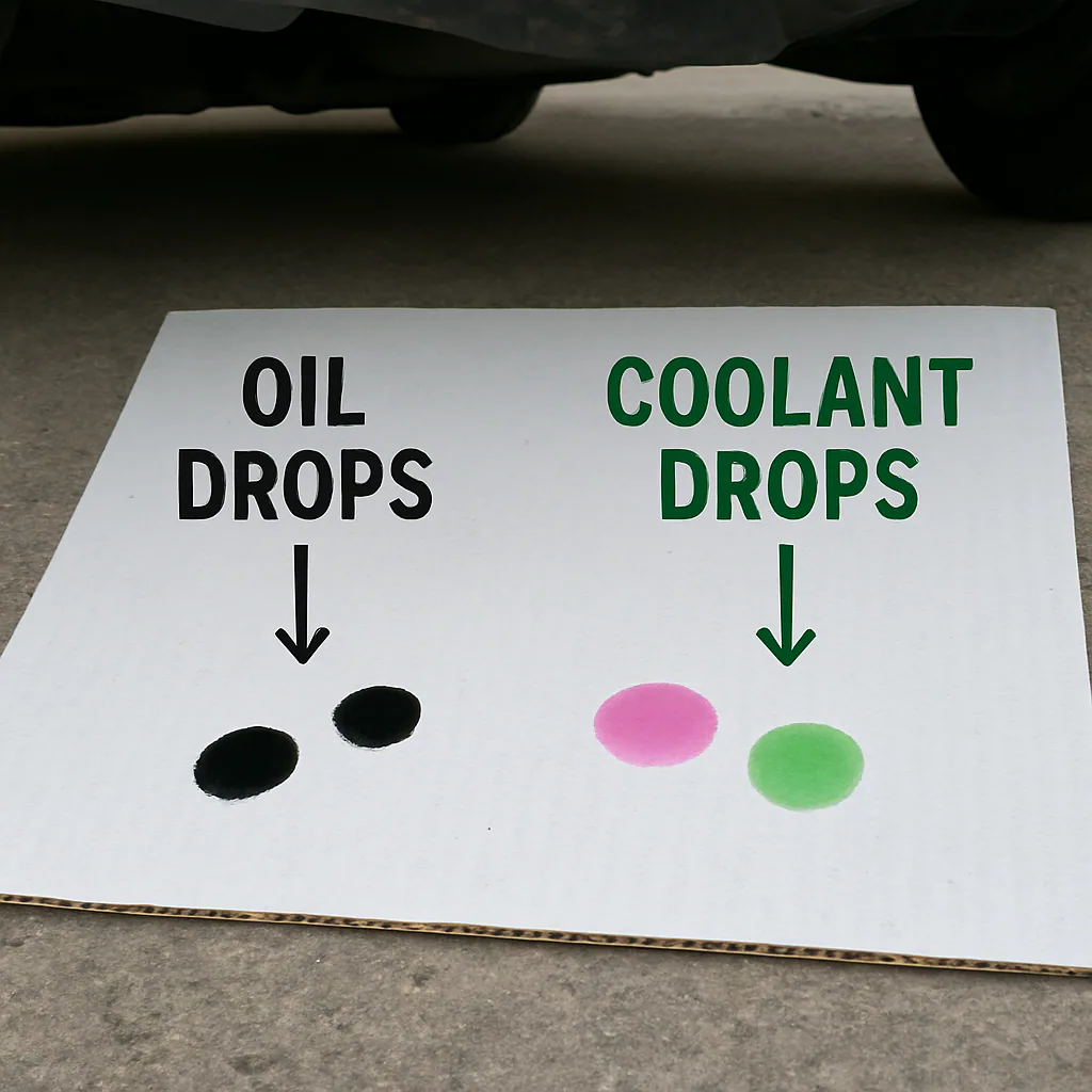 Annotated photo of white cardboard under a car showing oil drops vs. pink/green coolant drops.