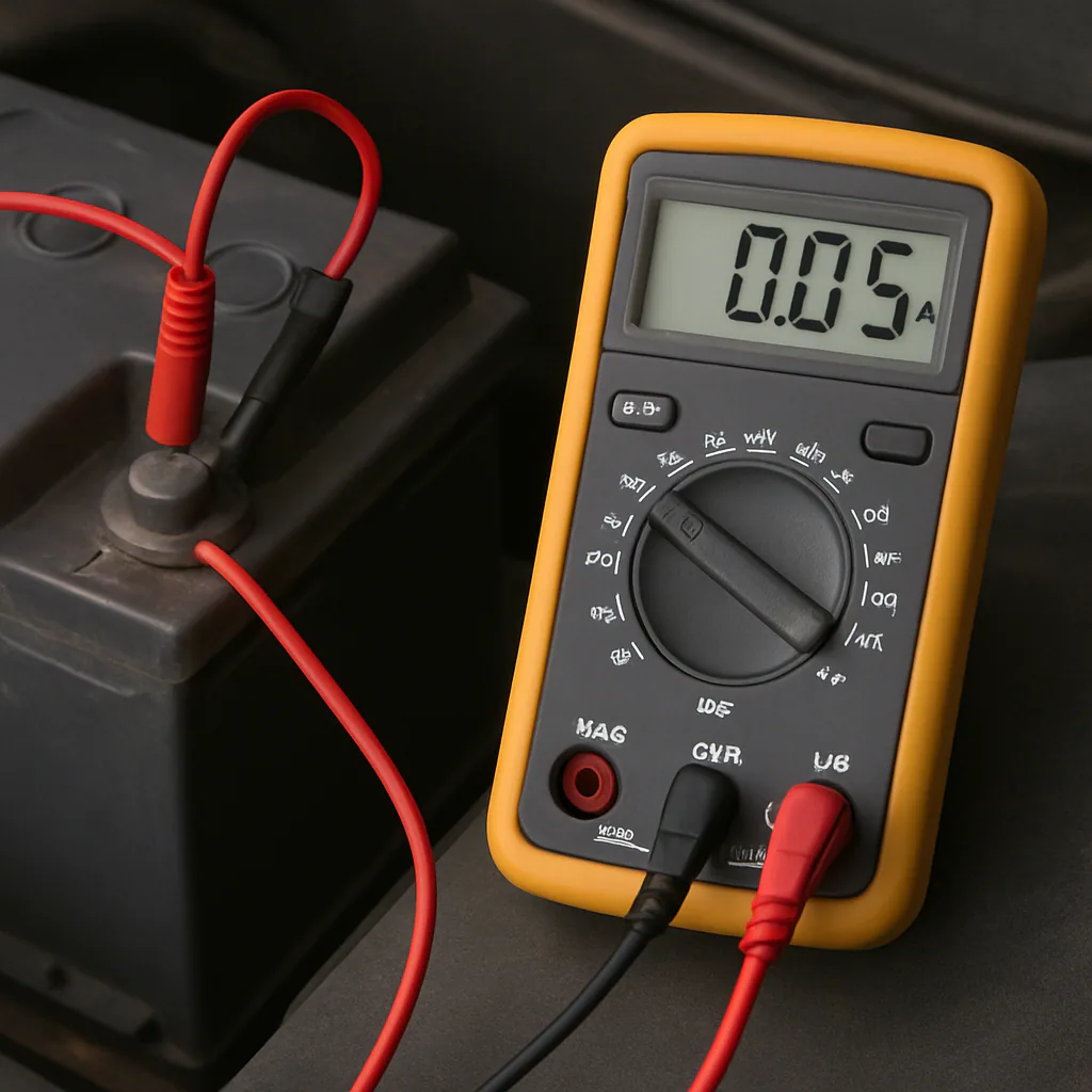 A digital multimeter set to 'Amps' showing a small reading (e.g., 0.05A) while connected in series to a car battery.