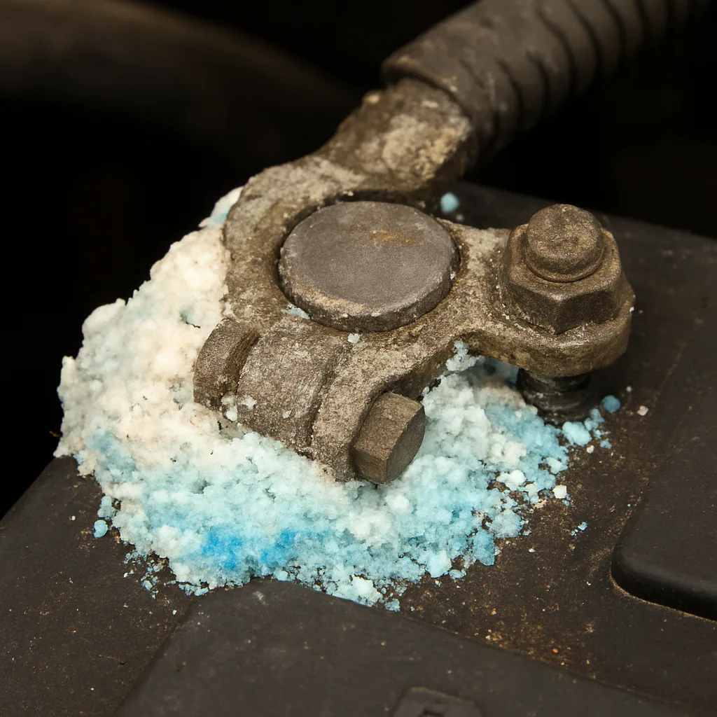 A close-up, clear photo of a car battery terminal covered in white/blue powdery corrosion for easy identification.