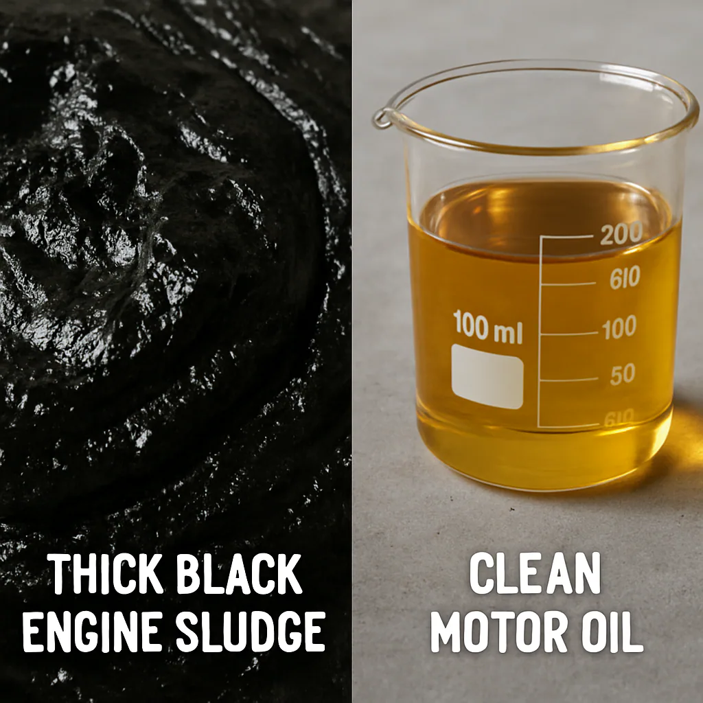 Close up comparison of thick black engine sludge next to a beaker of clean motor oil
