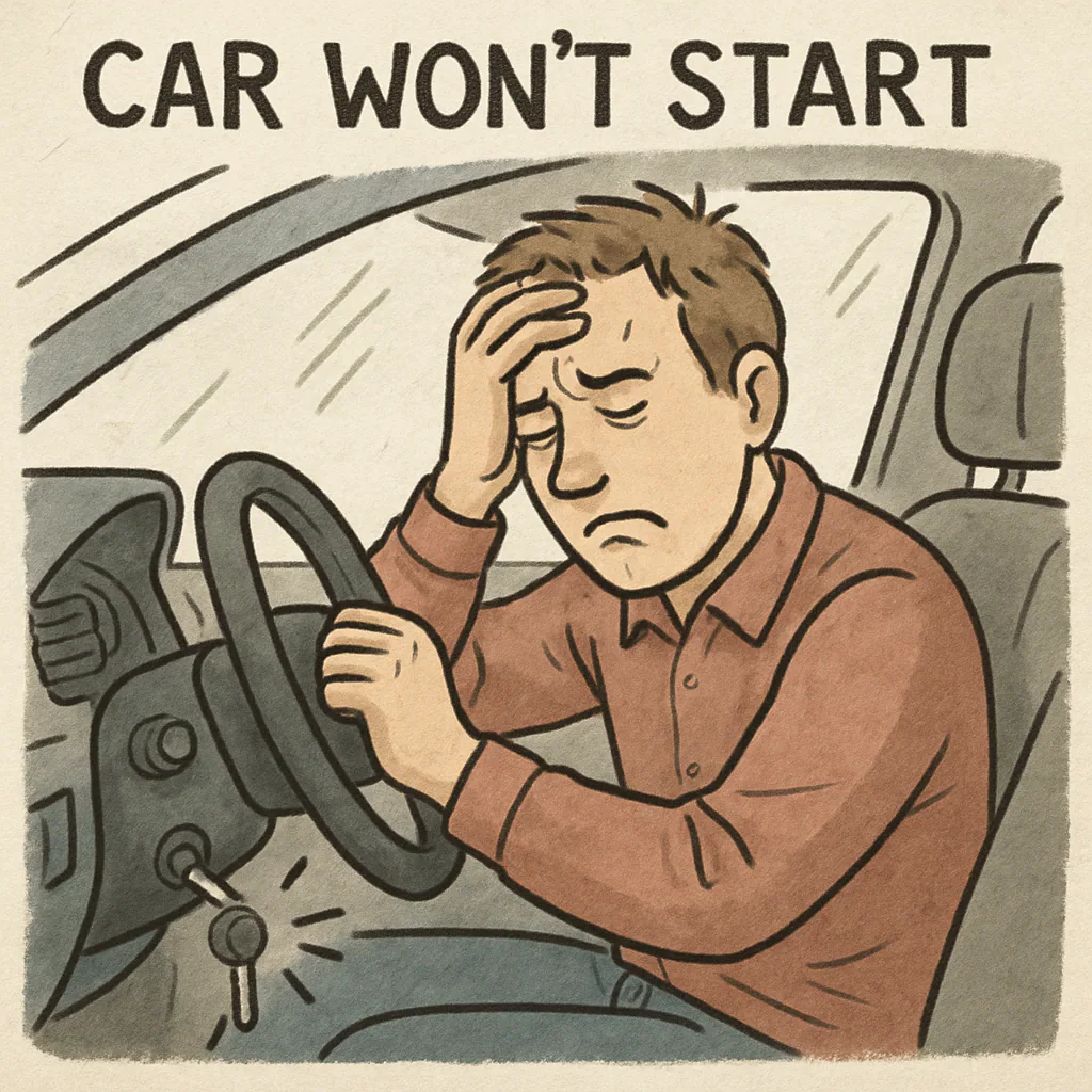 A frustrated driver sitting at the steering wheel of a car that won't start in ENGLISH