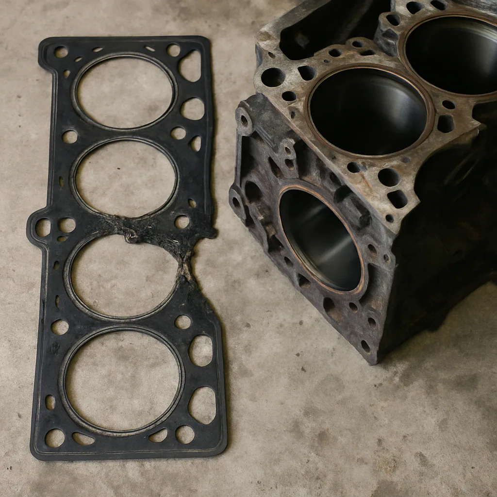 A damaged, blown head gasket sitting next to a car engine block
