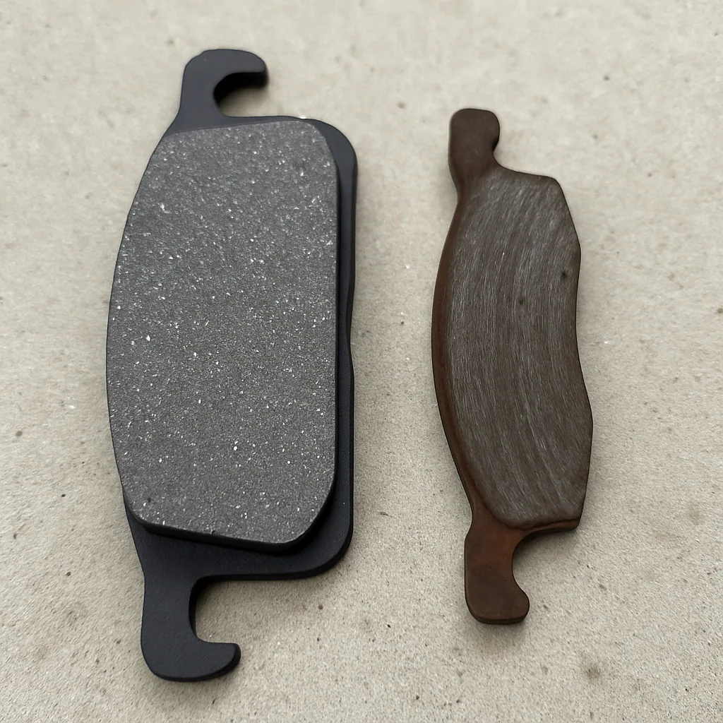 A new, thick brake pad placed next to a worn-out, thin brake pad for comparison.