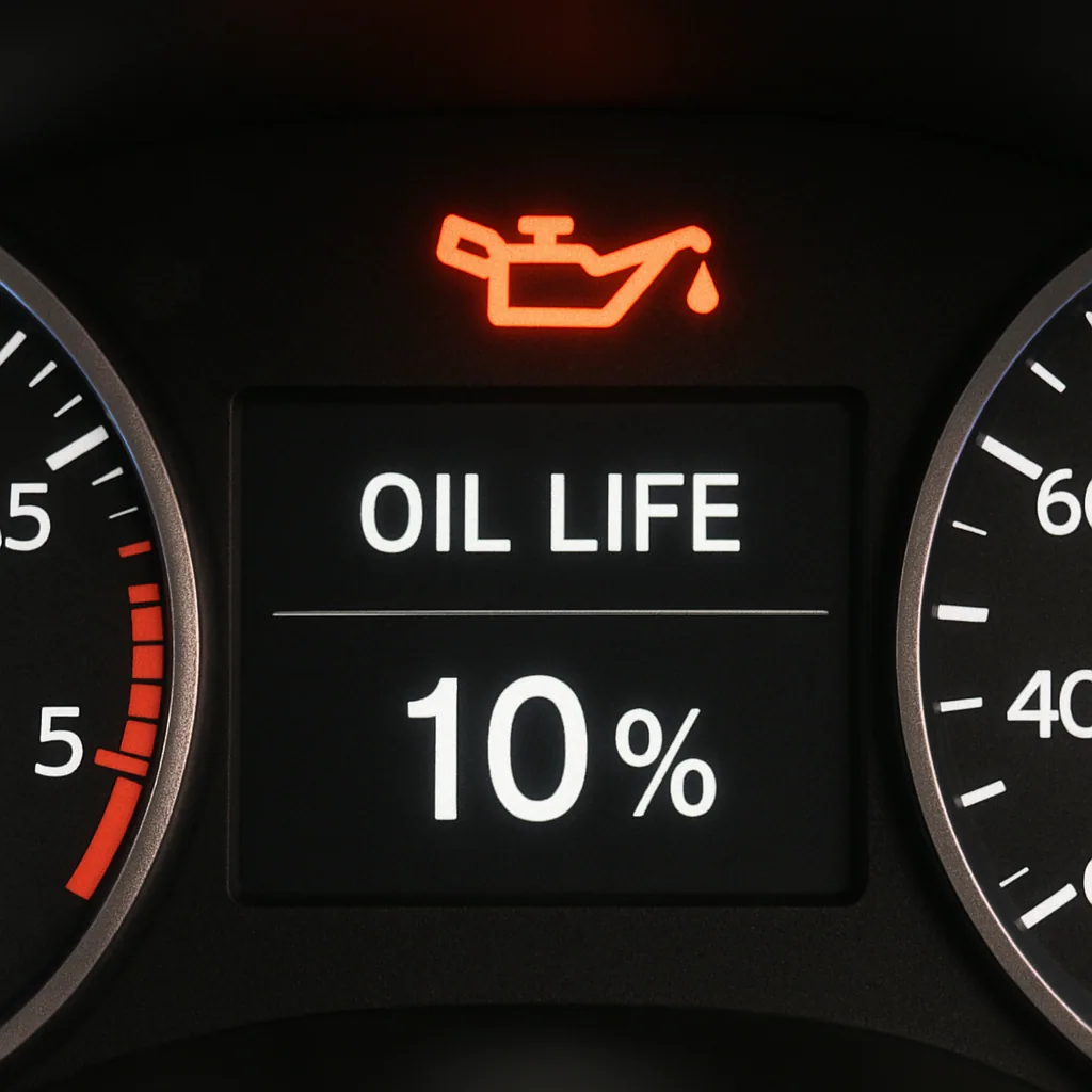 Dashboard display showing oil life at 10 percent with a warning light