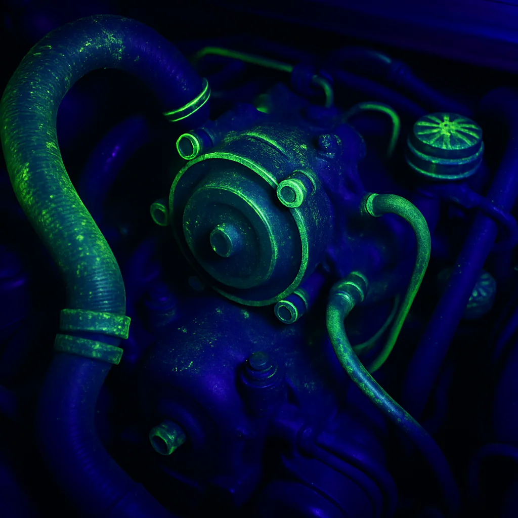 Close-up of engine parts glowing neon under a UV flashlight.