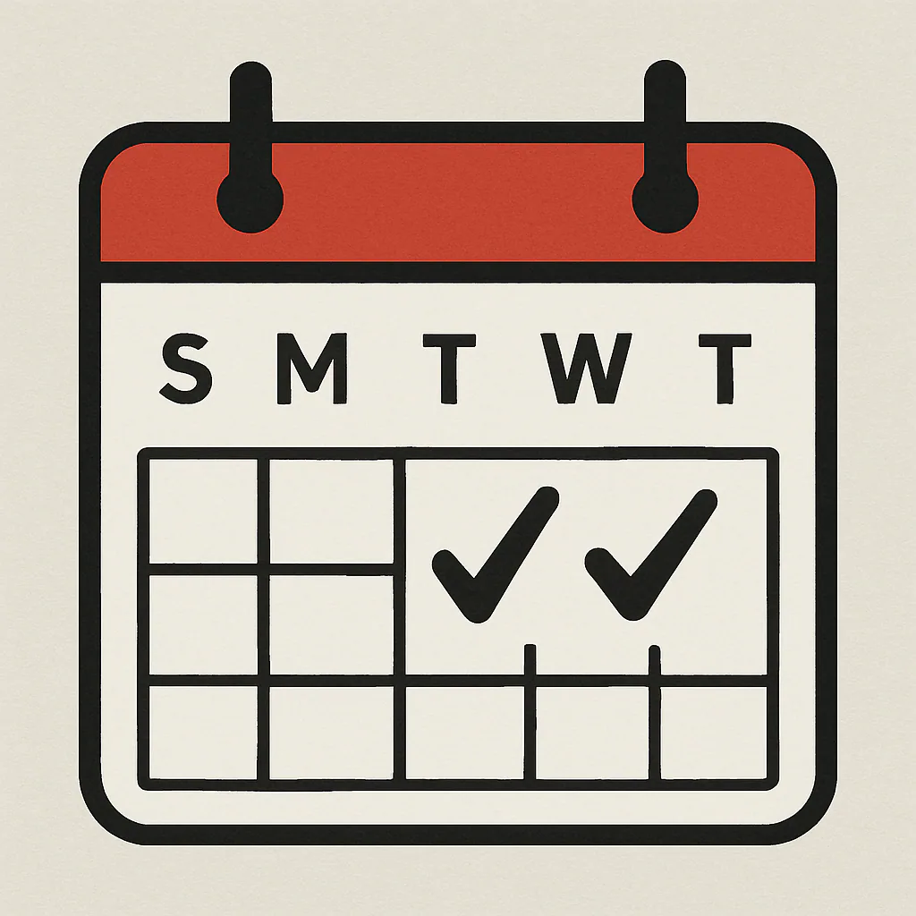 A simple calendar showing a 'Check' mark on Tuesday and Wednesday to highlight the best days for service.