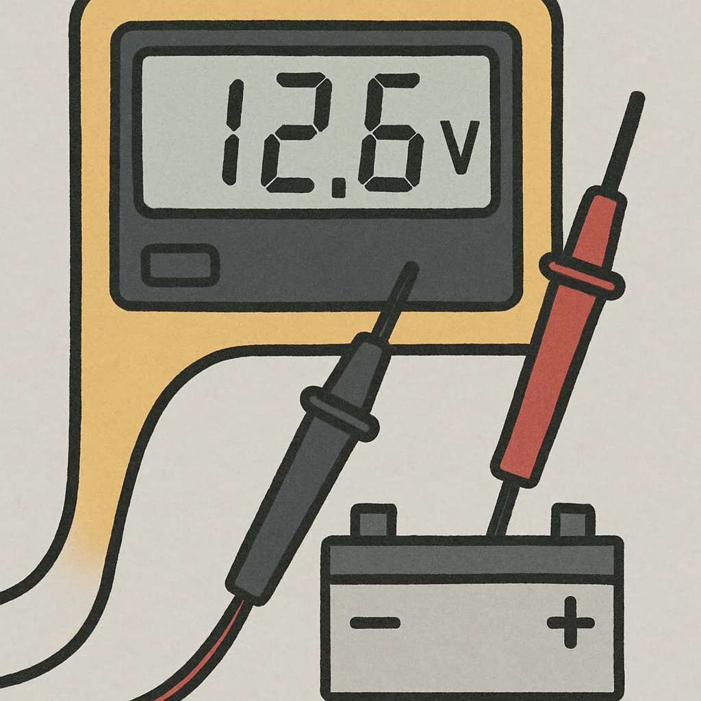 A simple digital multimeter screen showing a reading of 12.6V, with the red and black probes touching the battery terminals.