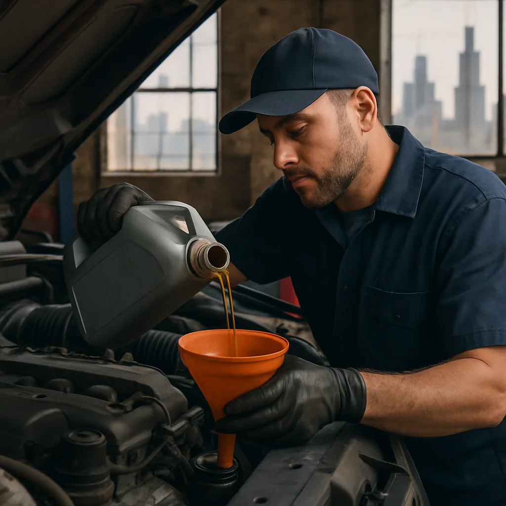 Mechanic performing an oil change on a car engine in a Chicago garage