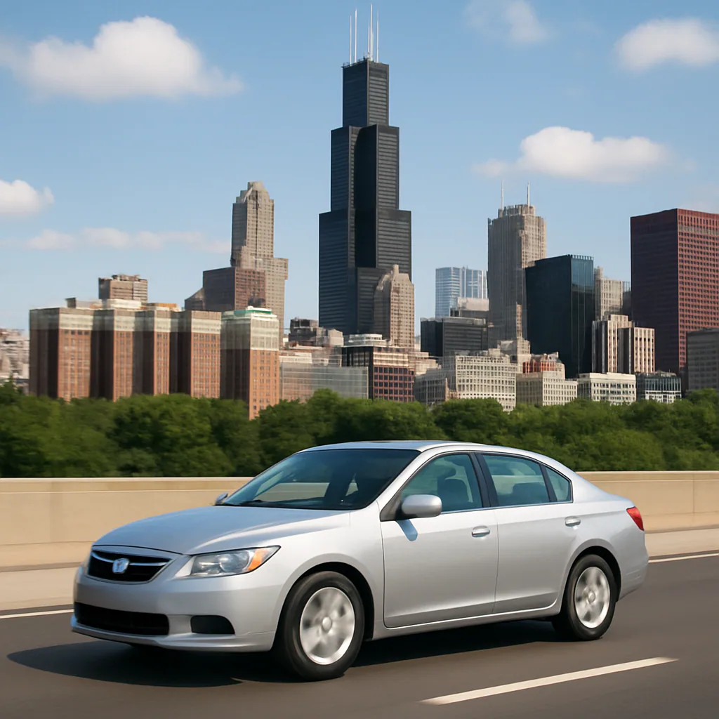 A clean car driving past a recognizable Chicago skyline landmark like the Willis Tower, symbolizing local city driving.