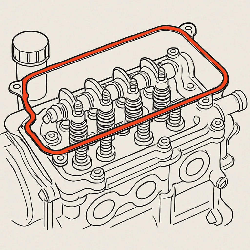 Diagram of an engine top with the valve cover lifted, showing the gasket perimeter.