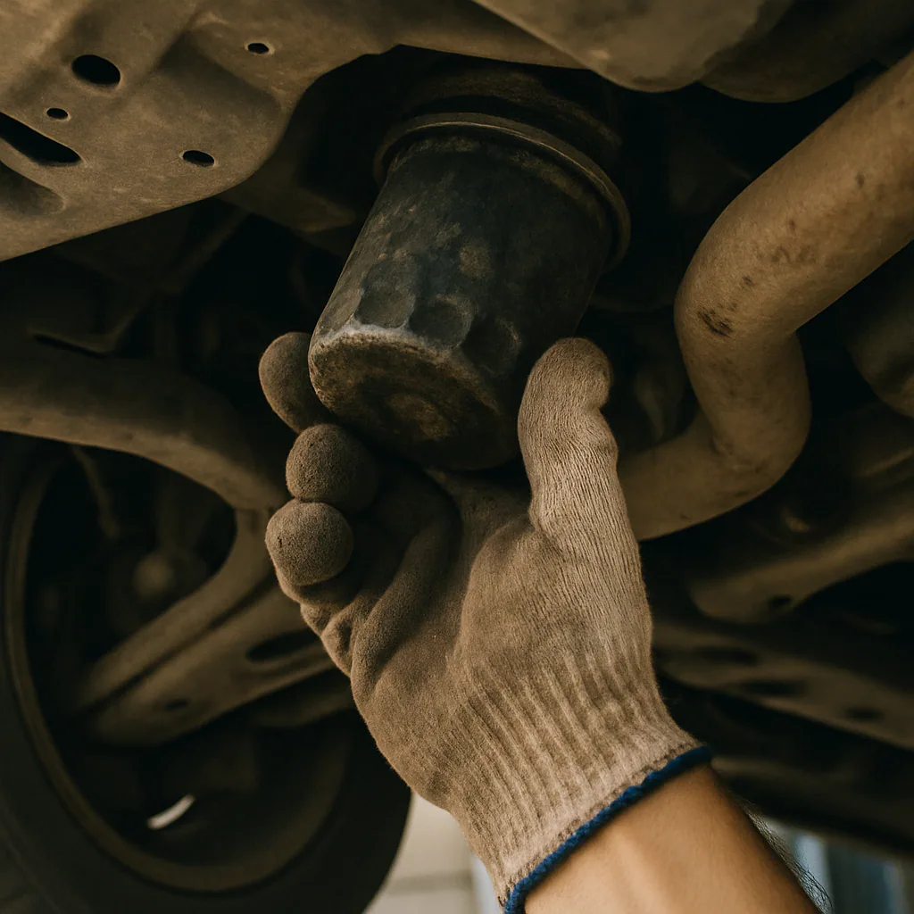Mechanic's gloved hand unscrewing an old oil filter from beneath a car chassis