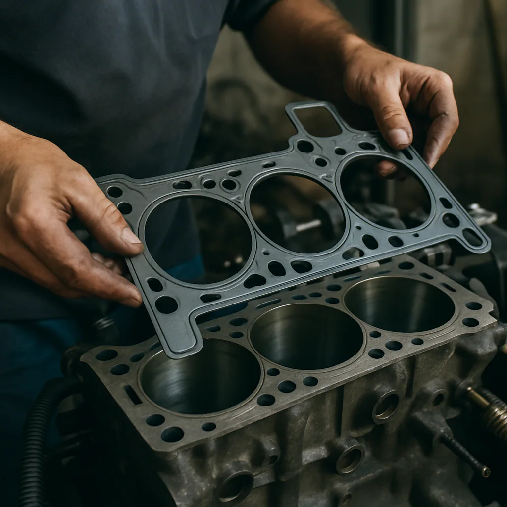 A mechanic carefully applying a new multi-layer steel head gasket to an engine block
