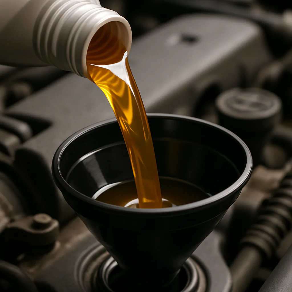Close up of clean golden synthetic oil being poured into an engine funnel
