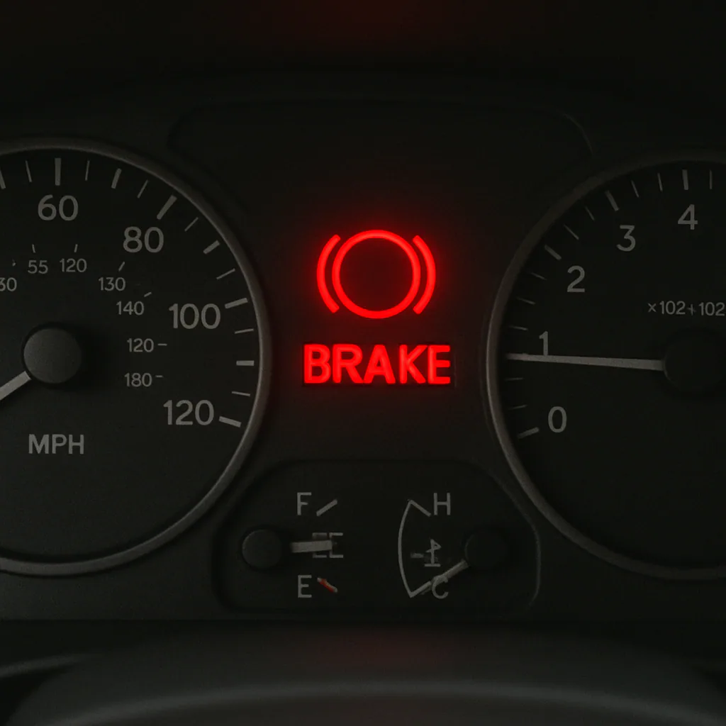A dashboard view showing the circular red brake warning light illuminated.