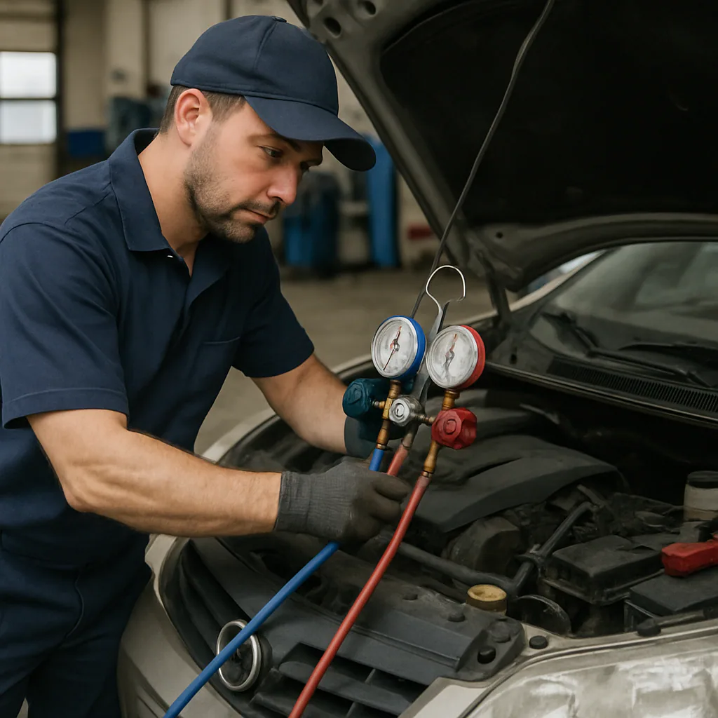 Mechanic performing car AC maintenance